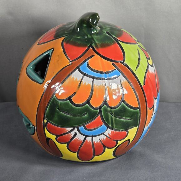 Blue Orange Pottery Talavera 9" Jack O Lantern Pumpkin Luminary Mexico Decor - Picture 5 of 10